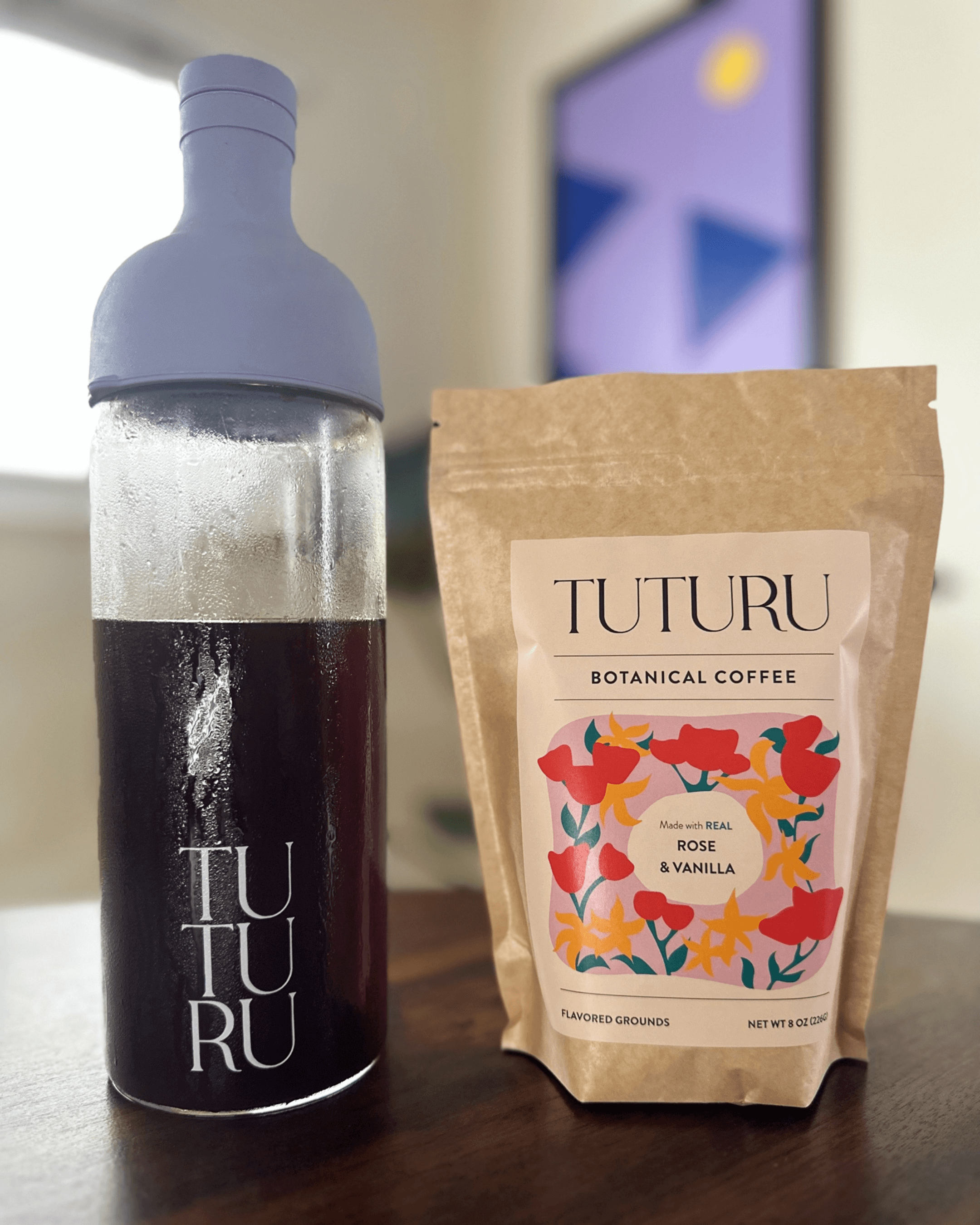 Tuturu Cold Brew Bottle plus Rose Vanilla Flavored Coffee Grounds